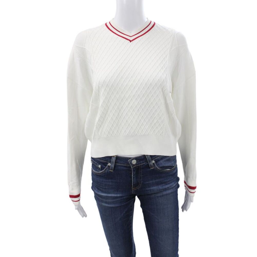 Beige Womens Pullover Sweater White V Neck Argyle Long Sleeve Size S